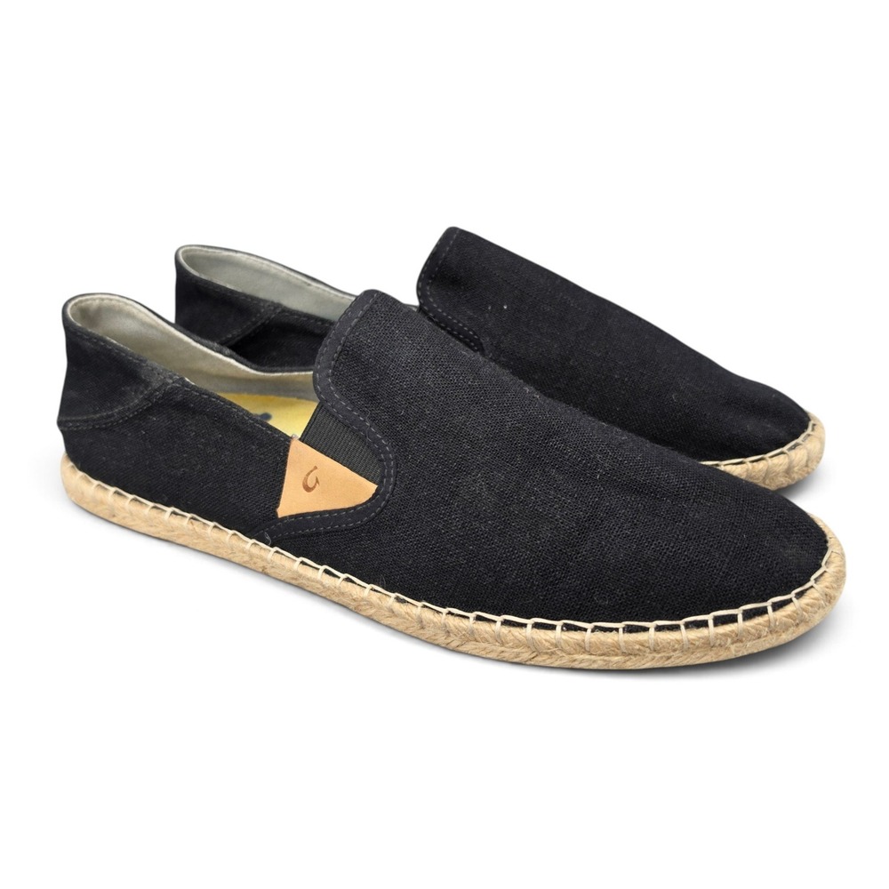 OluKai Kaula Pa'a Kapa Womens 11 Black Canvas Espadrille Slip On Shoes EUC